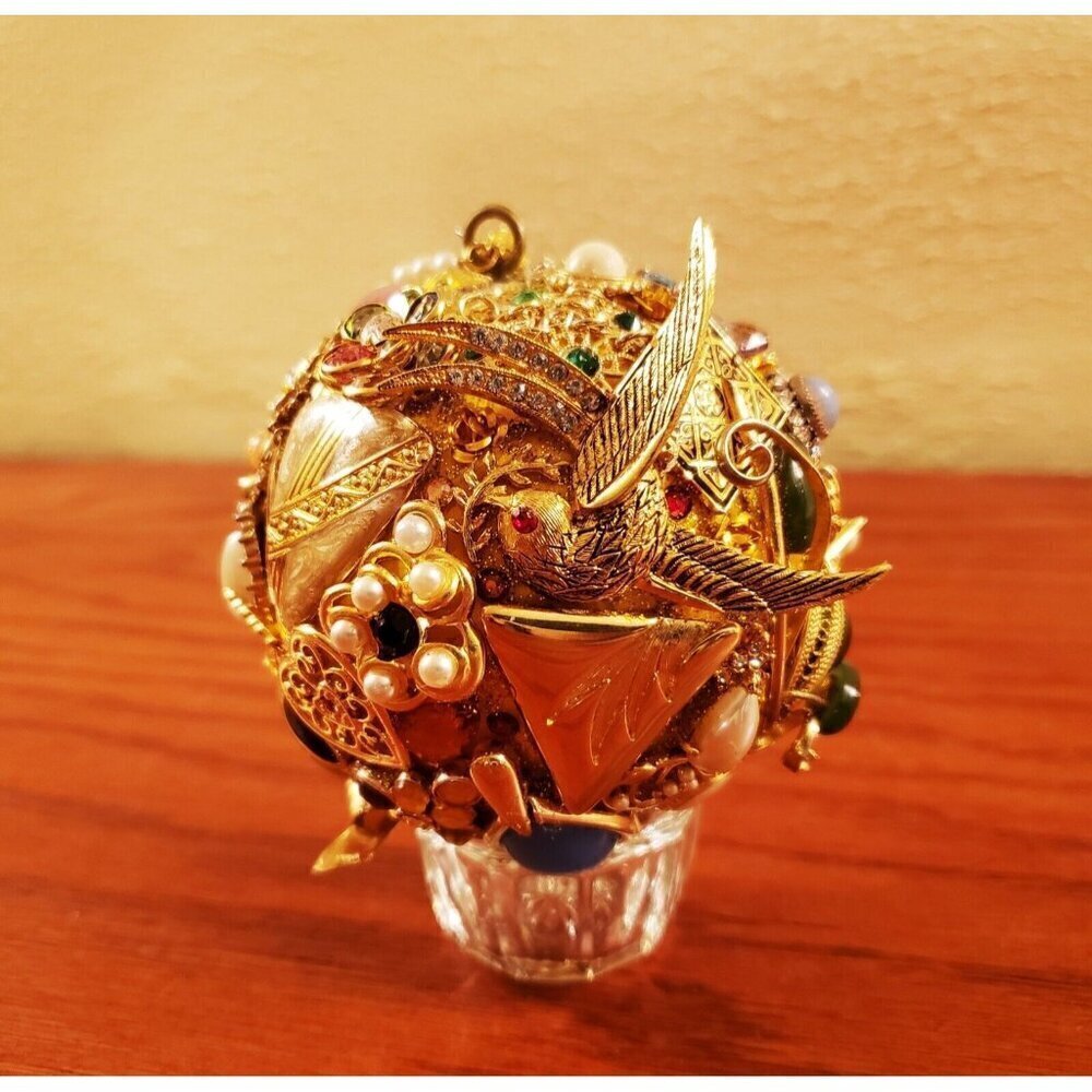 Unique Jeweled Holiday Ornament Bird Floral Christmas Handcrafted Vintage Jewels
